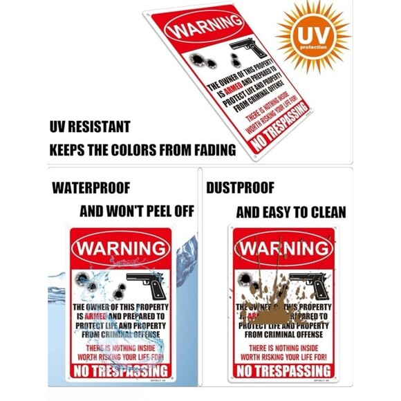 NO TRESPASSING Sign Armed Home Owner Aluminum Sign Metal 9.75"x7" Ready to Hang - Picture 4 of 6